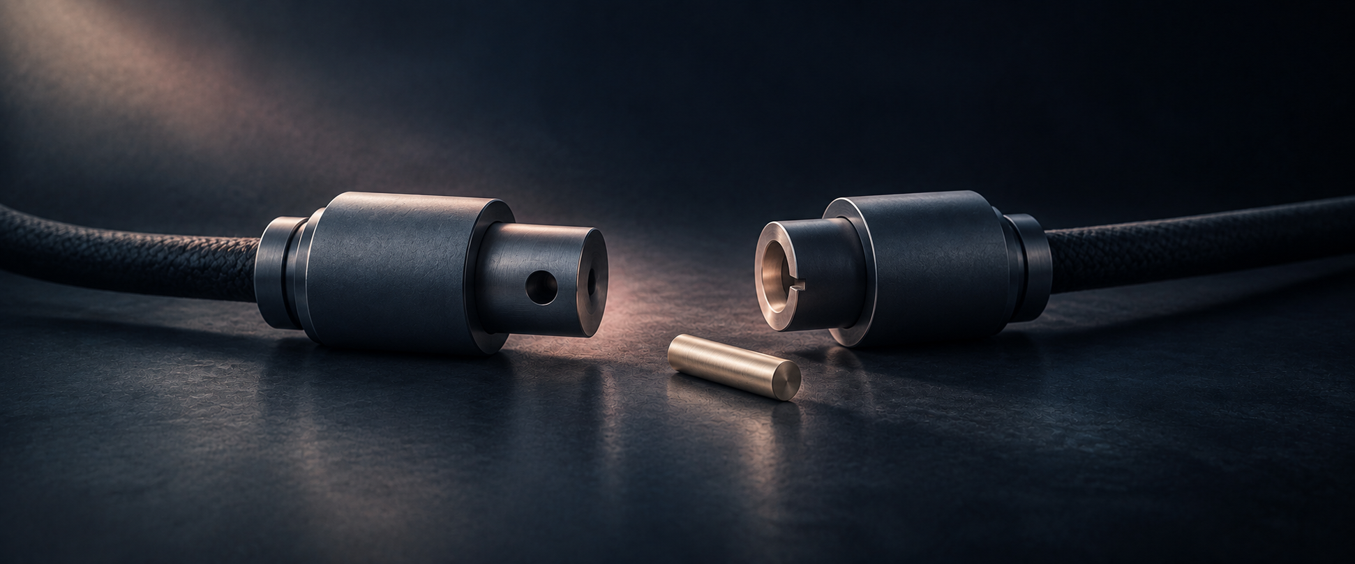 Two disconnected metal housings with the missing connecting pin beside them.