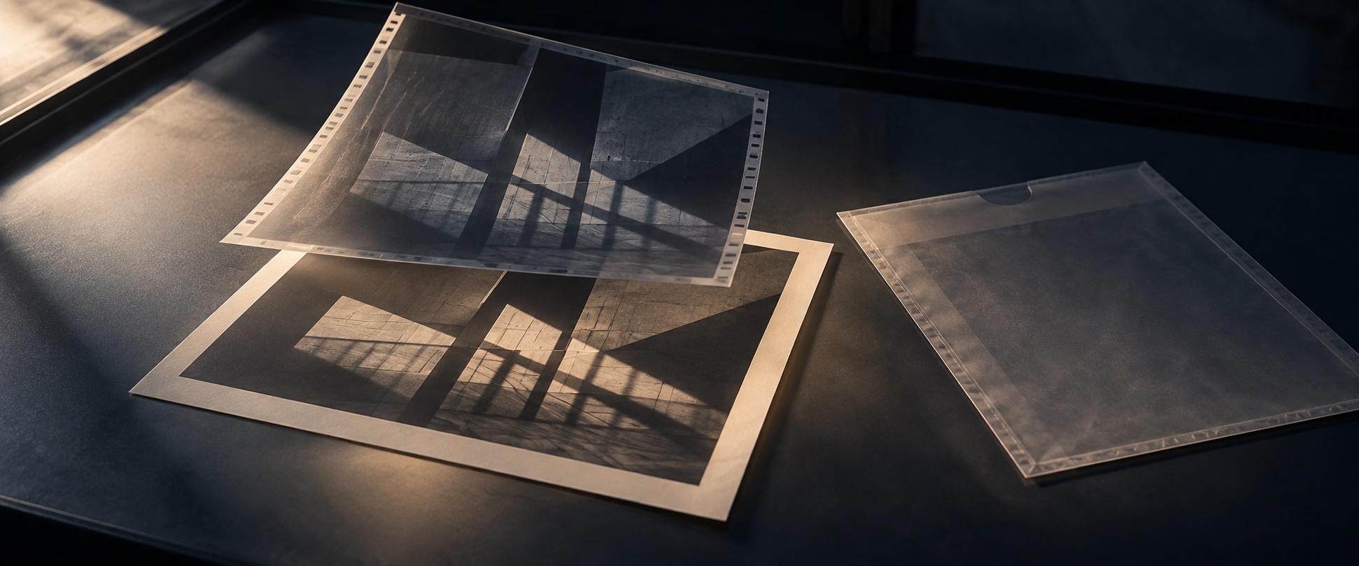An original photographic negative above its contact print, beside an empty archival sleeve.
