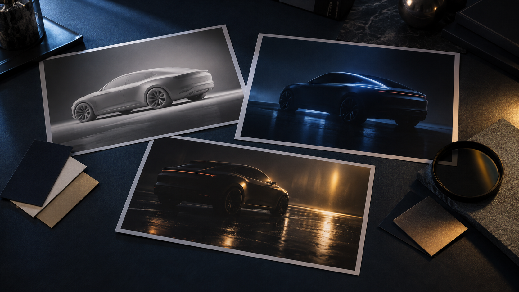 Conceptual previsualization study of automotive form, blue cinematic light and warm road reflection.