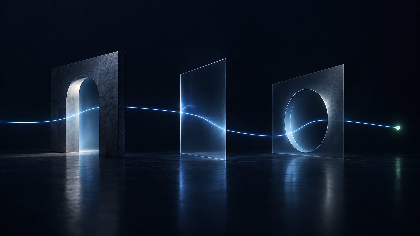 Conceptual Buildor workflow-junction study of a continuous electric-blue path crossing three unlabelled translucent apertures.
