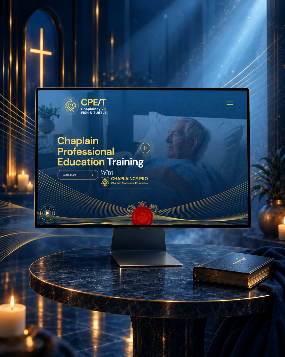 Vertical CPE/T gallery poster derived from the original Behance project cover, with the full website visible in its monitor.