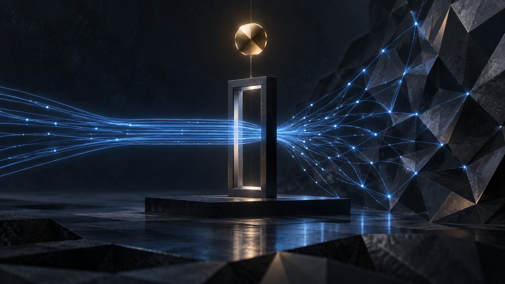 Conceptual study of blue light paths passing through a dark threshold toward a faceted graphite field.