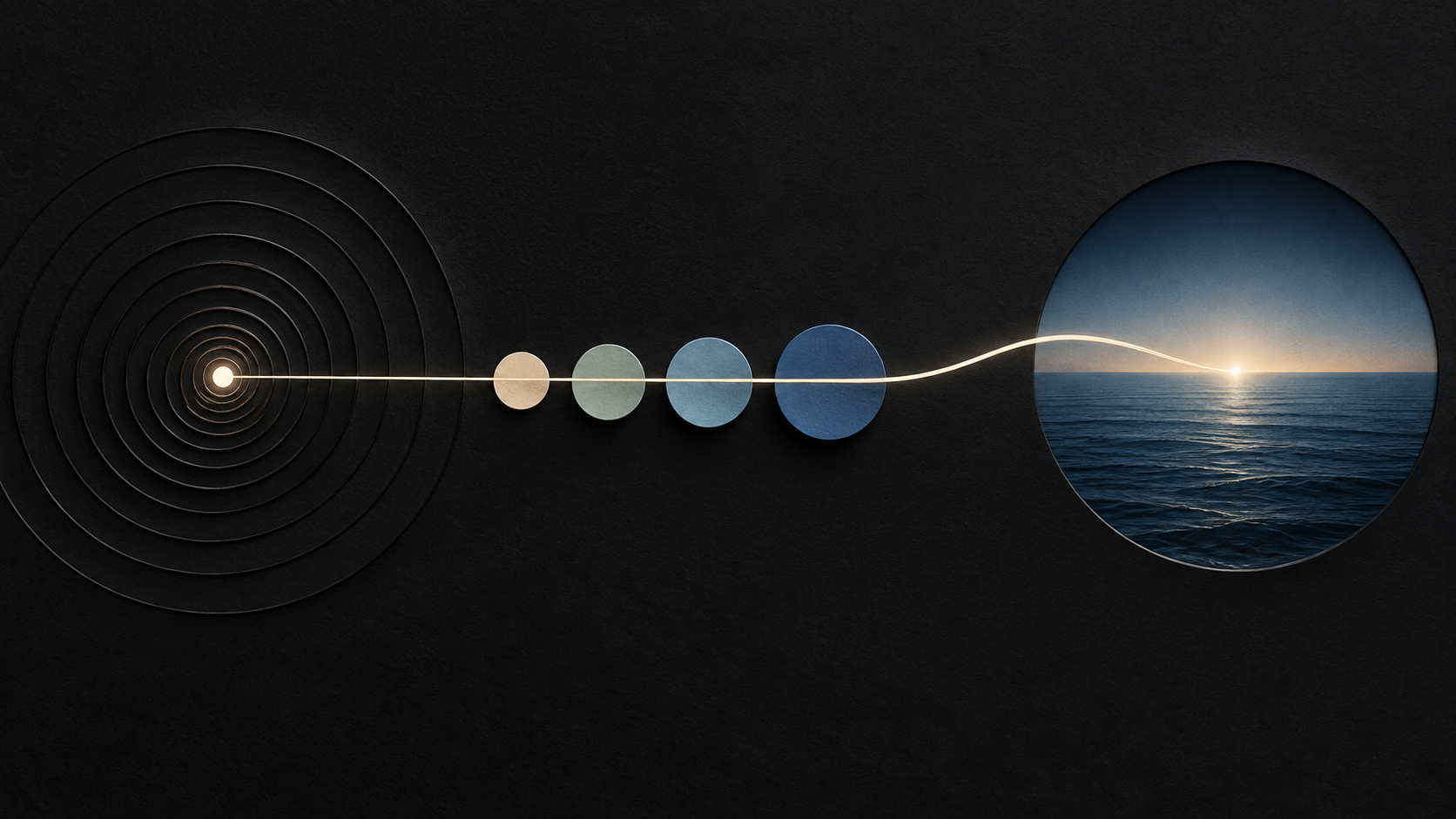 Conceptual motion study of a concentric signal field, a clean line passing through small color planes and an open-water horizon for Line Out.