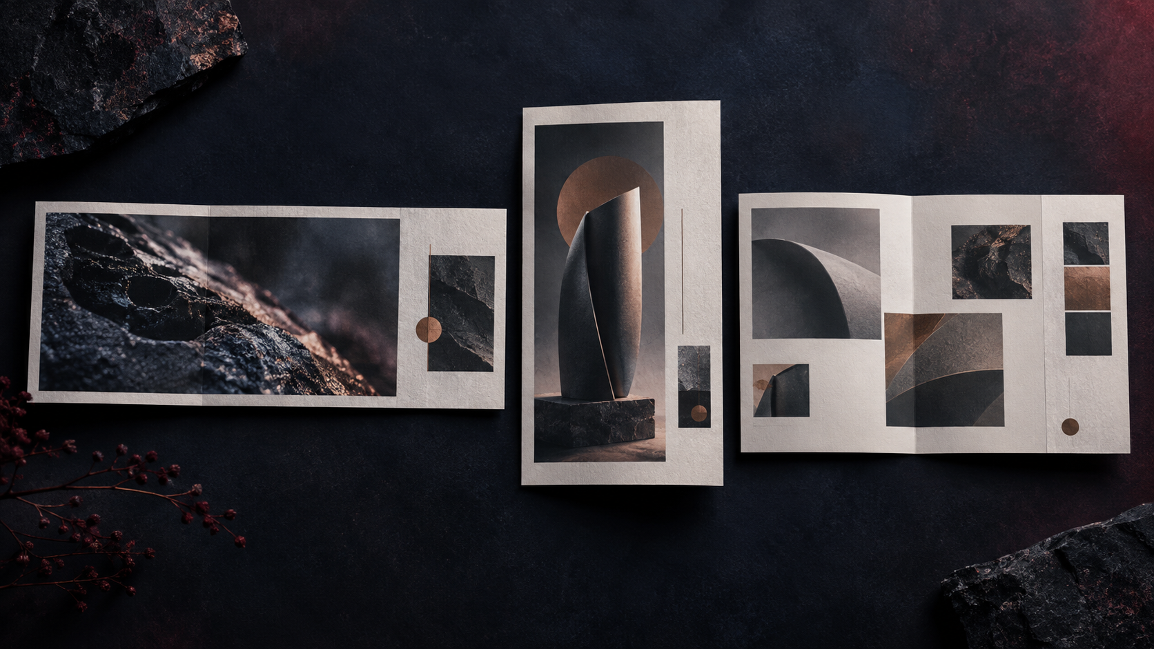 Conceptual physical print study connecting photographic texture, rendered form and brochure-spread composition for FIX FAMILY.