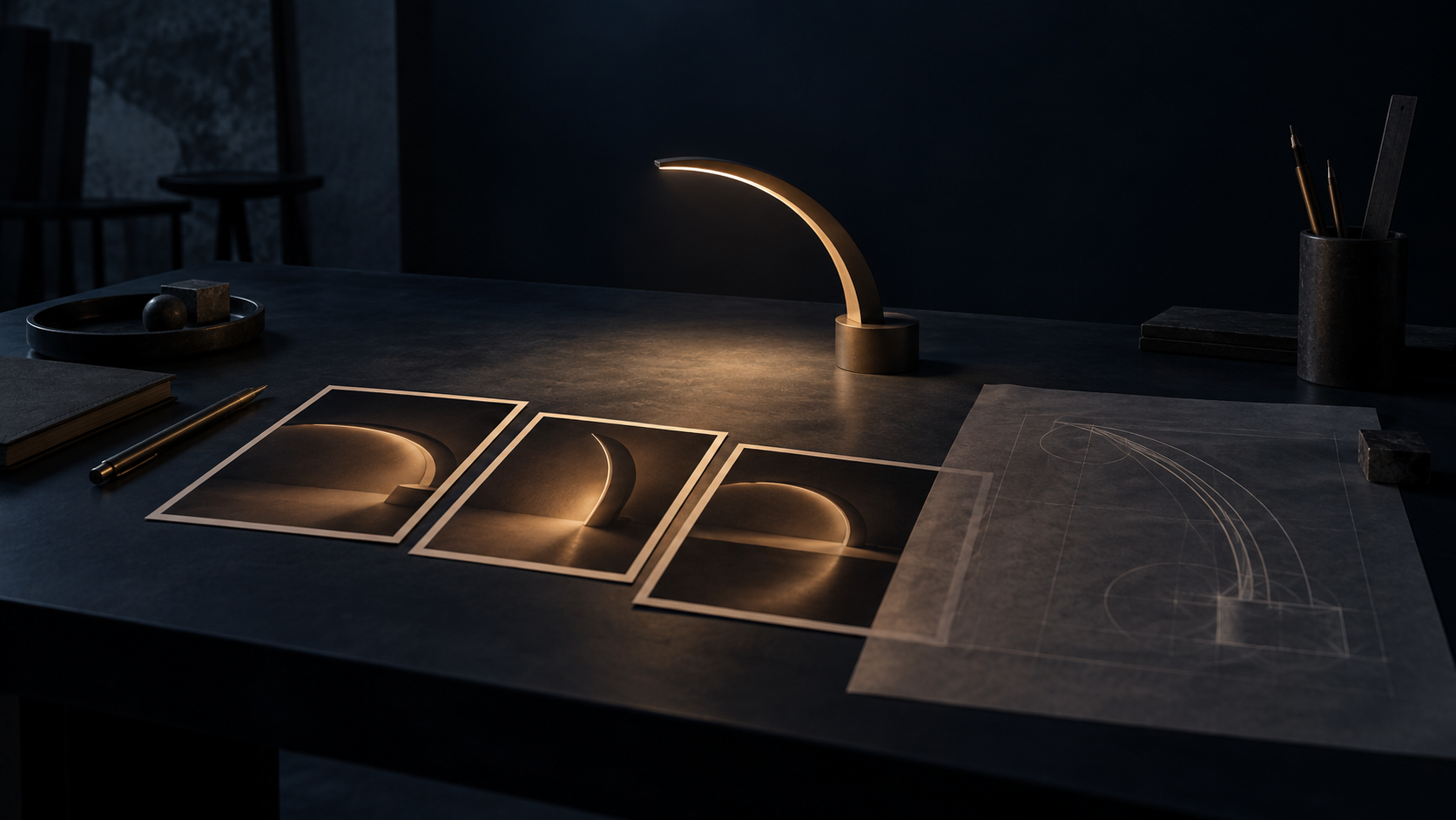 Conceptual study of LUMEN’s continuous arc, warm illumination and concealed engineering.