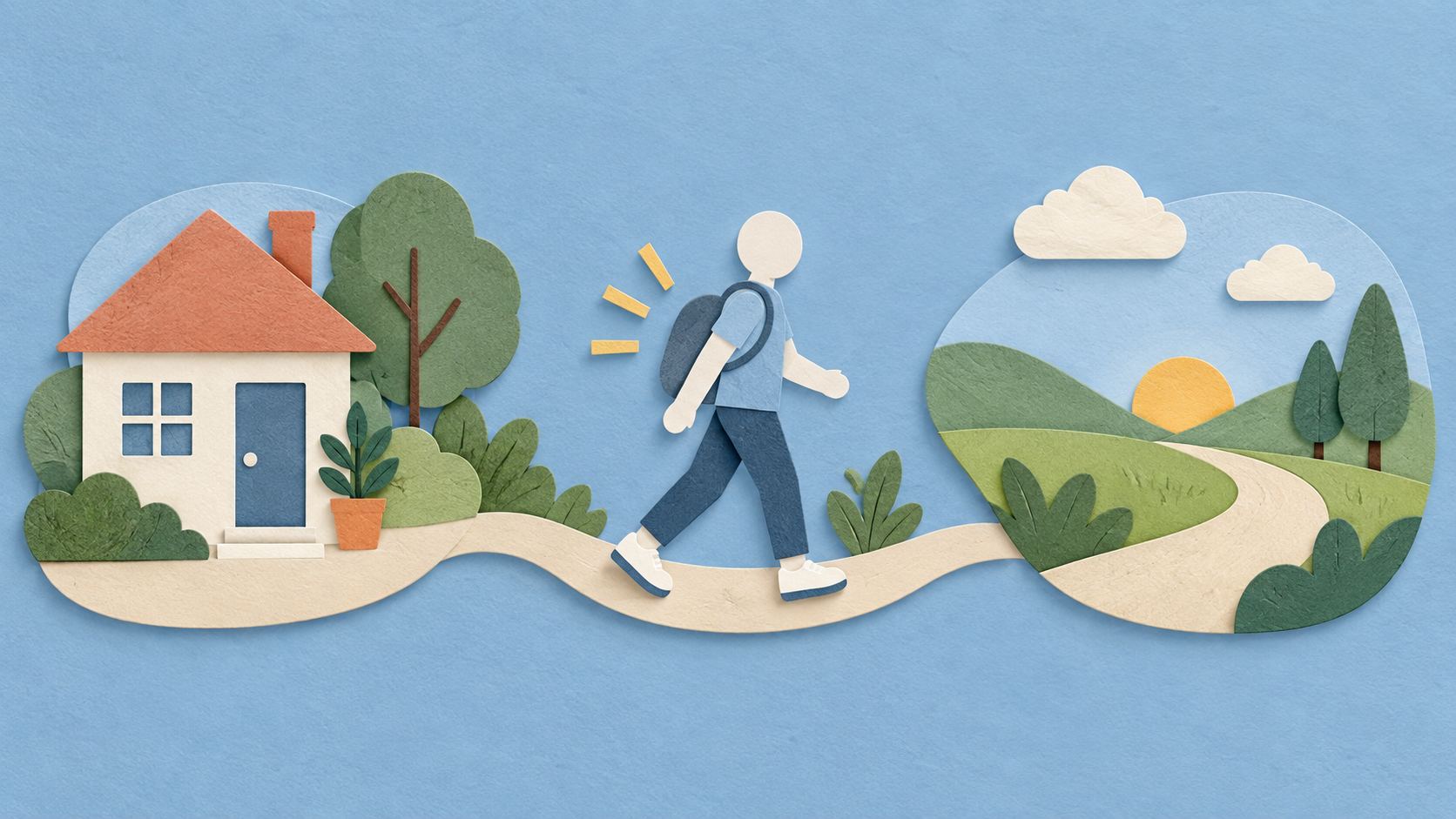 Conceptual paper-cut study of an everyday start, a friendly moving figure and an open outdoor path for RunHelper.