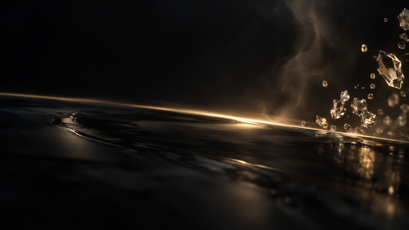 Conceptual TANCS material study of a narrow warm-gold light event and sparse translucent crystal forms over a dark reflective field.