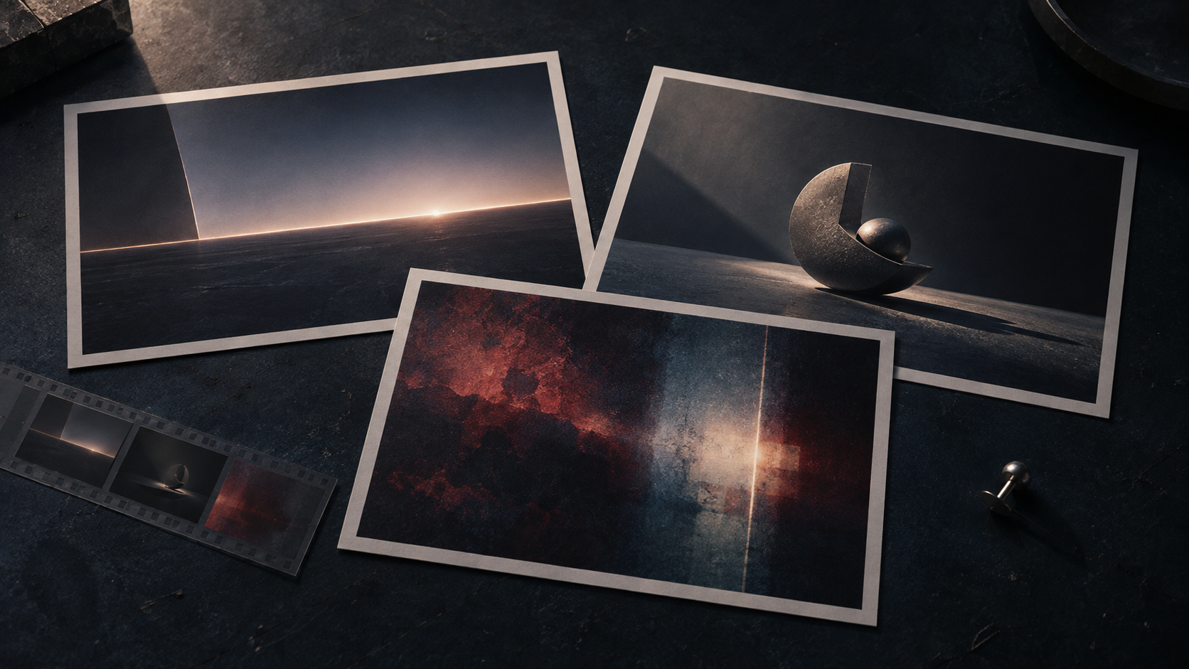 Conceptual contact-sheet study of The Spark Story’s horizon, sculptural form and composited color-field chapters.