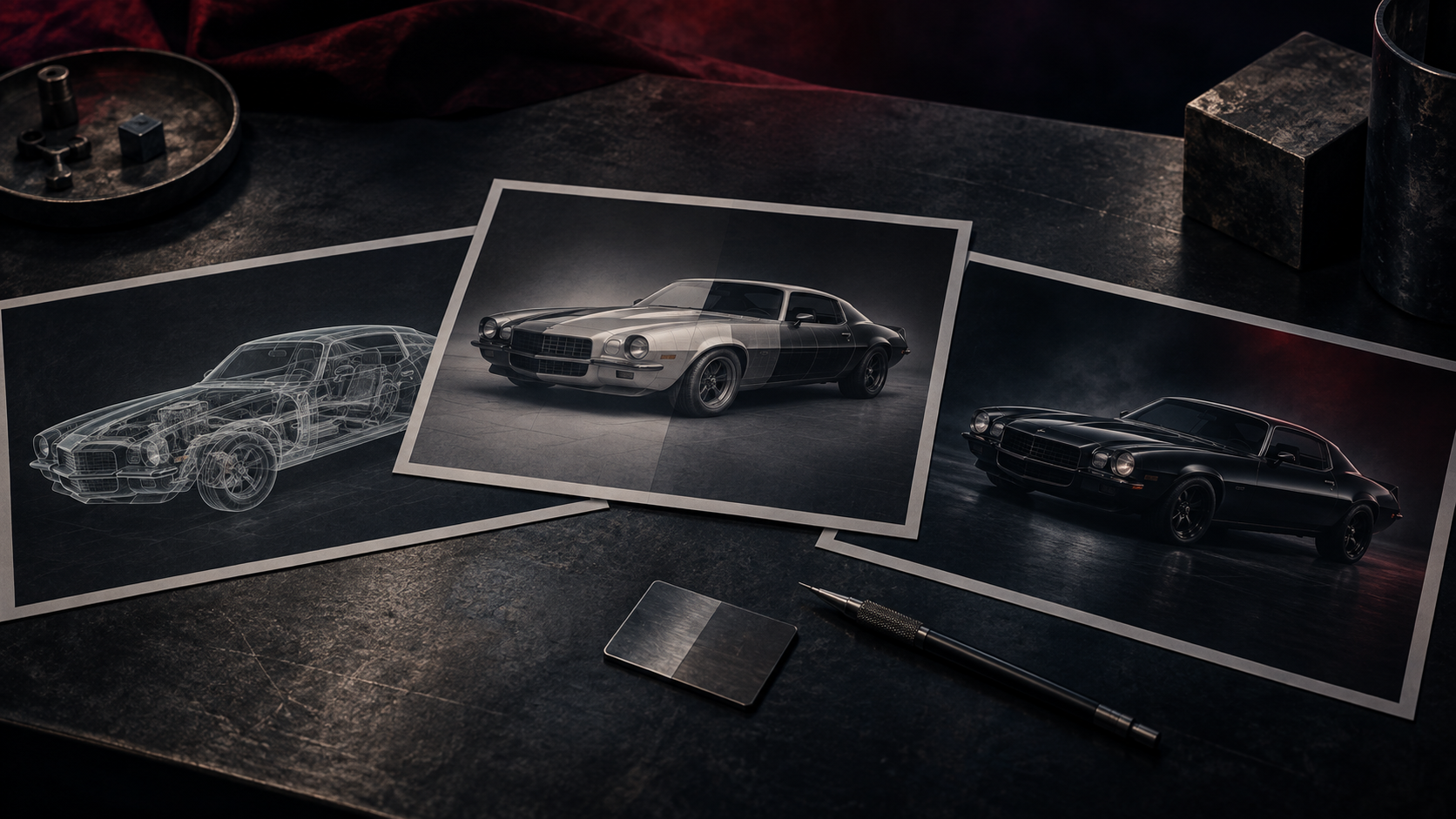 Conceptual curatorial study of the Camaro X-RAY, surface and dark-render chapters as three physical prints.