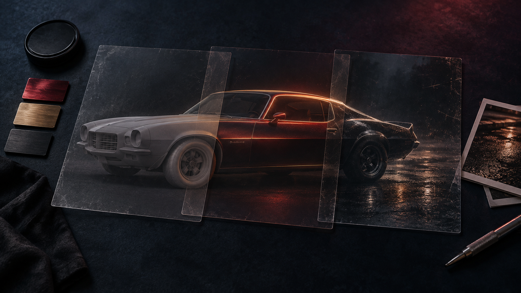 Conceptual material-and-light study of layered render passes for the upgraded 1974 Camaro.