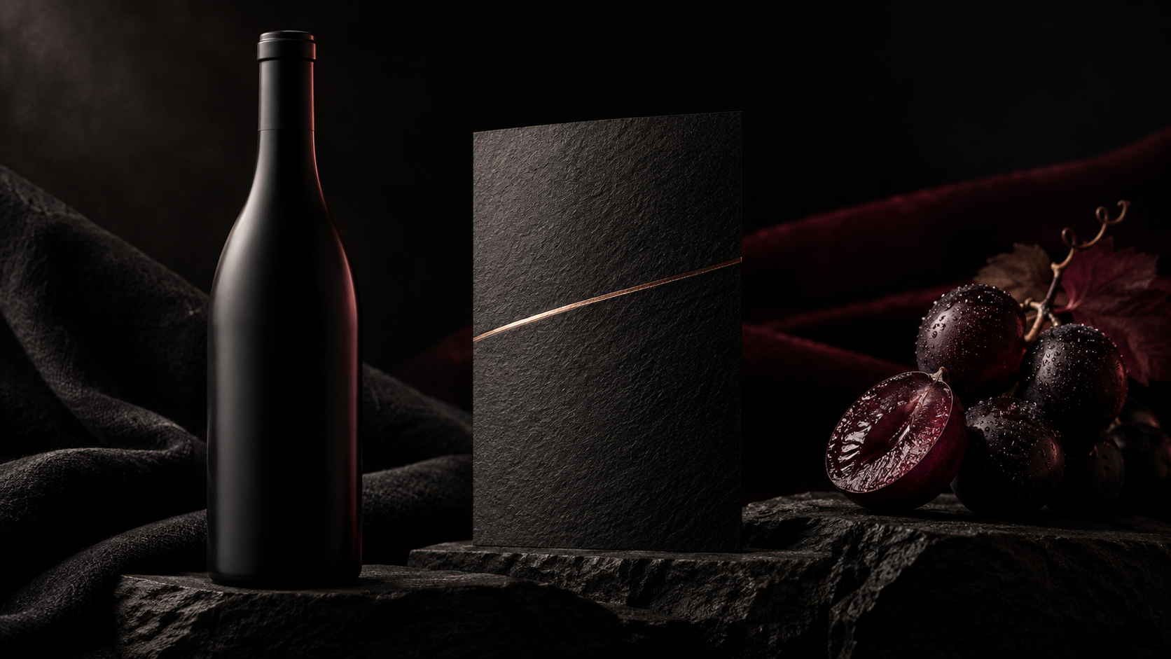 Conceptual VINUM still life of an unbranded dark bottle, copper-accented paper plane and wine-dark fruit.
